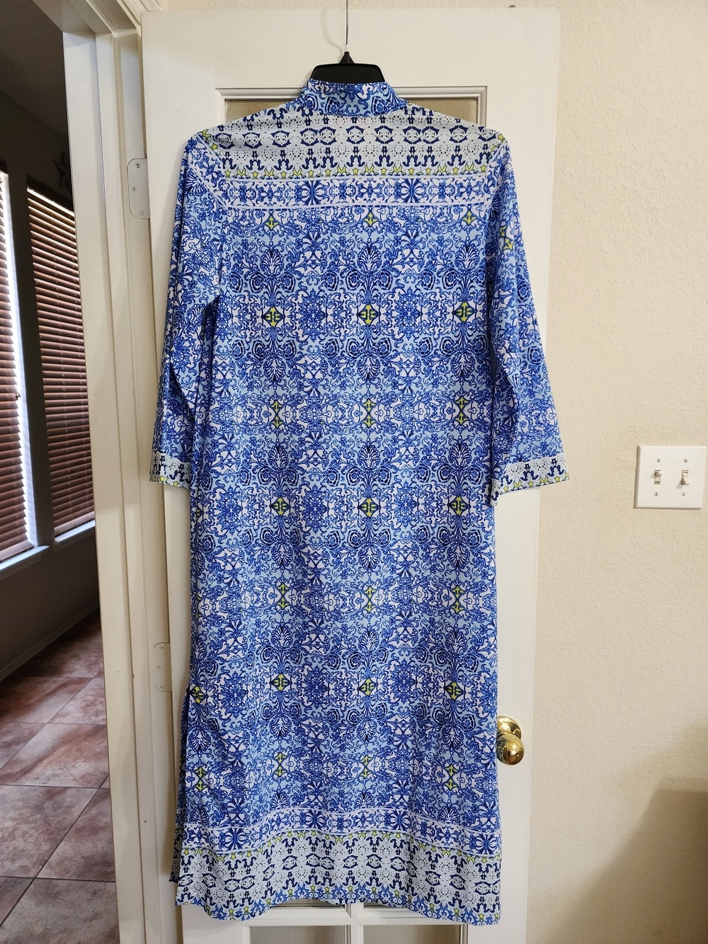 Oscar de la Renta Pink Label Blue Tile Print Caftan Lounge Dress Size Small - Picture 3 of 15